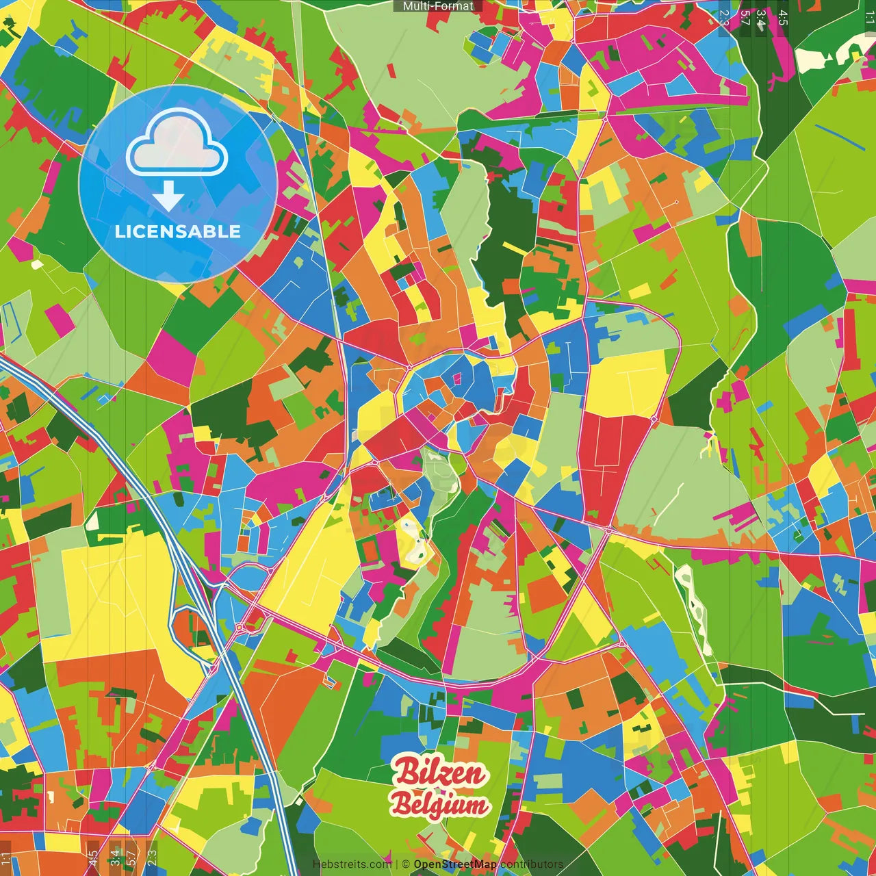Bilzen, Limburg, Belgium Crazy Colorful Street Map Poster Template