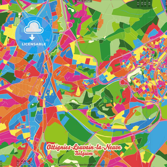 Ottignies-Louvain-la-Neuve, Walloon Brabant, Belgium Crazy Colorful Street Map Poster Template