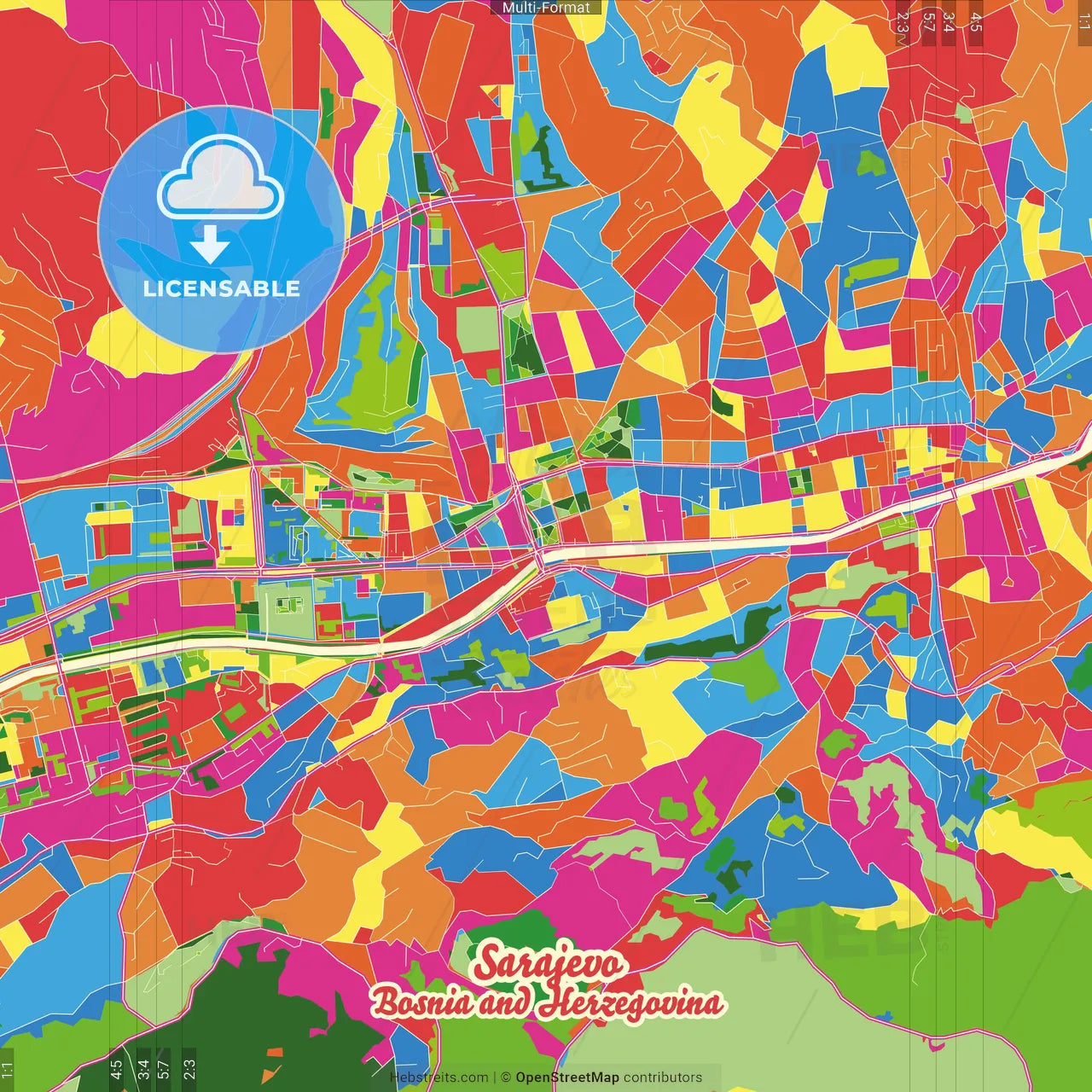 Sarajevo, Sarajevo Canton, Bosnia and Herzegovina Crazy Colorful Street Map Poster Template