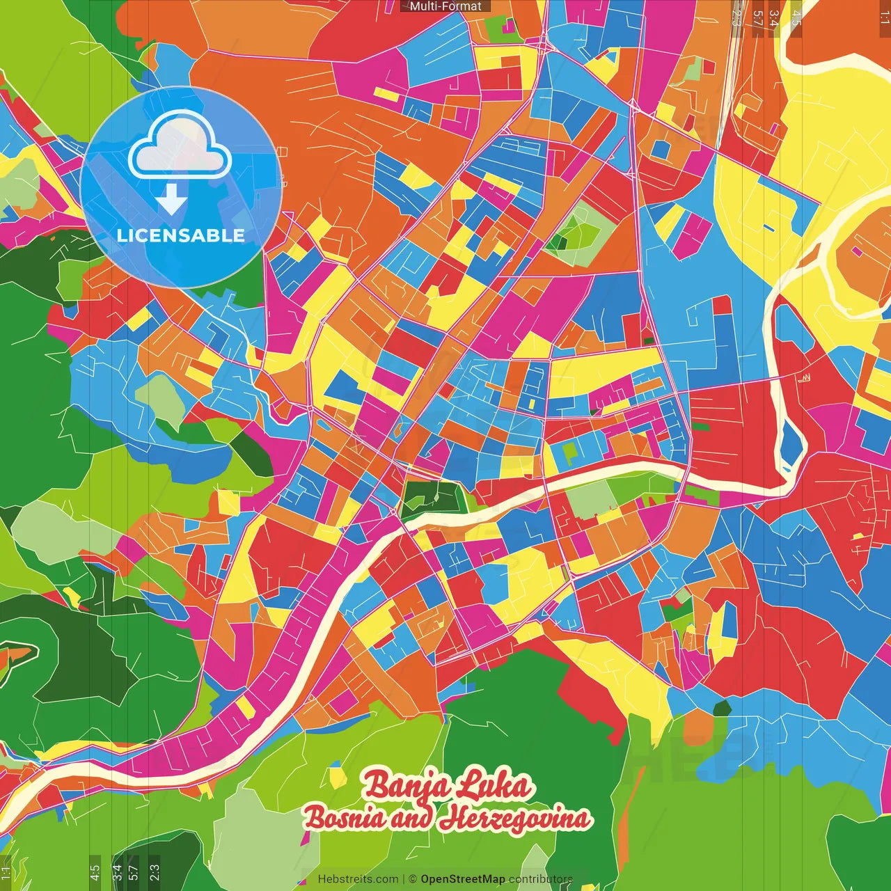 Banja Luka, Republika Srpska, Bosnia and Herzegovina Crazy Colorful Street Map Poster Template