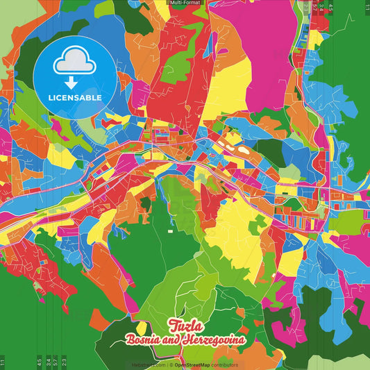 Tuzla, Tuzla Canton, Bosnia and Herzegovina Crazy Colorful Street Map Poster Template