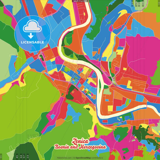 Zenica, Zenica-Doboj Canton, Bosnia and Herzegovina Crazy Colorful Street Map Poster Template