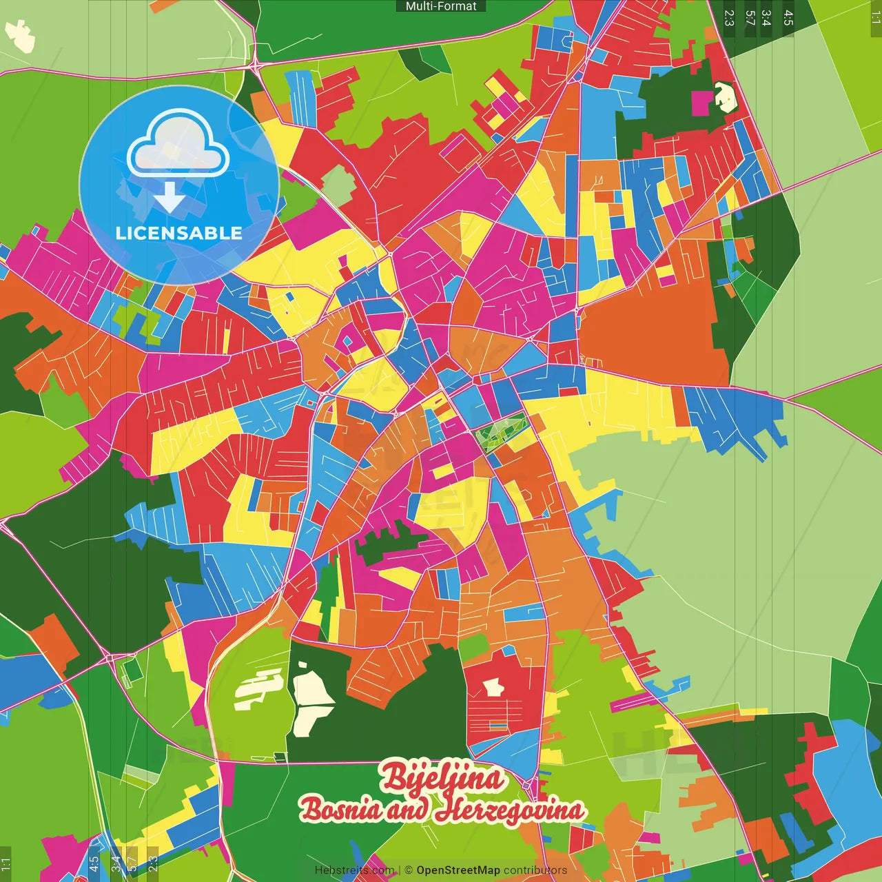 Bijeljina, Republika Srpska, Bosnia and Herzegovina Crazy Colorful Street Map Poster Template