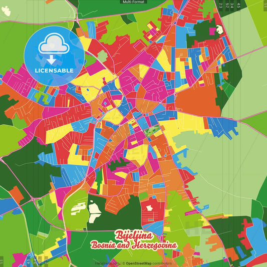 Bijeljina, Republika Srpska, Bosnia and Herzegovina Crazy Colorful Street Map Poster Template
