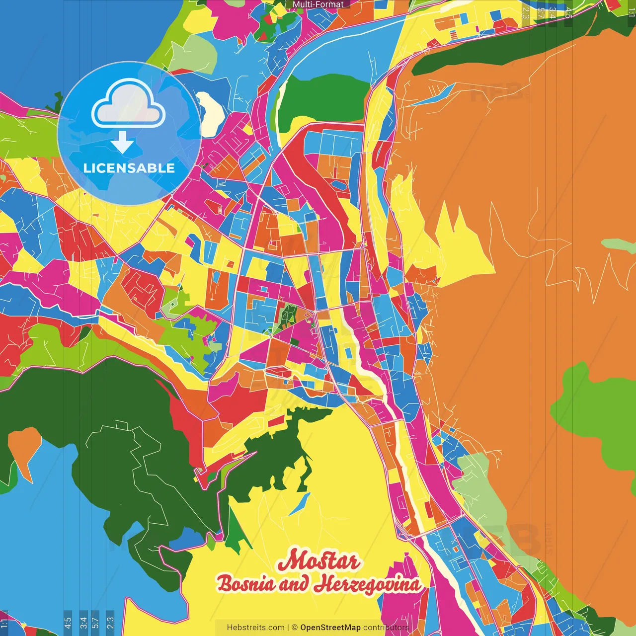 Mostar, Herzegovina-Neretva Canton, Bosnia and Herzegovina Crazy Colorful Street Map Poster Template