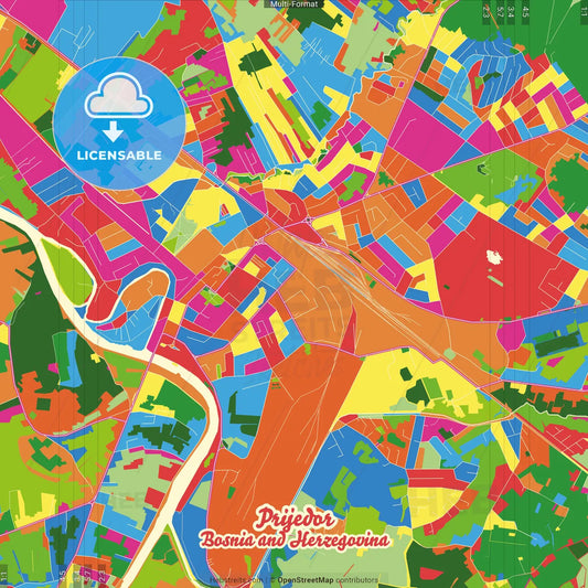 Prijedor, Republika Srpska, Bosnia and Herzegovina Crazy Colorful Street Map Poster Template