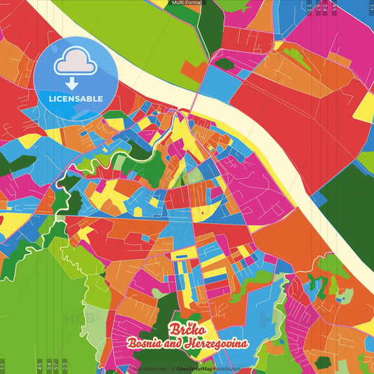 Brčko, Brčko District, Bosnia and Herzegovina Crazy Colorful Street Map Poster Template