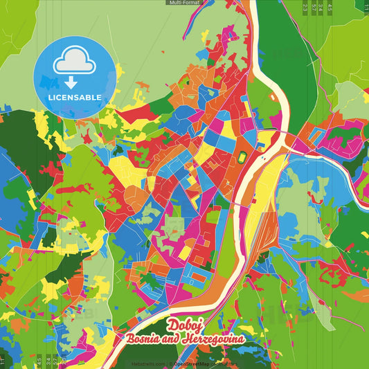 Doboj, Republika Srpska, Bosnia and Herzegovina Crazy Colorful Street Map Poster Template