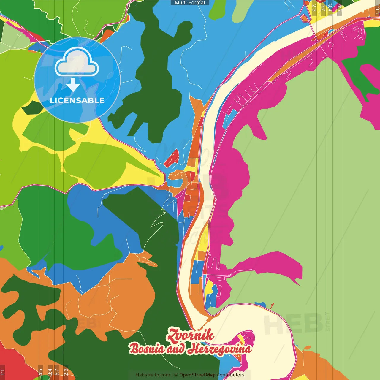 Zvornik, Republika Srpska, Bosnia and Herzegovina Crazy Colorful Street Map Poster Template