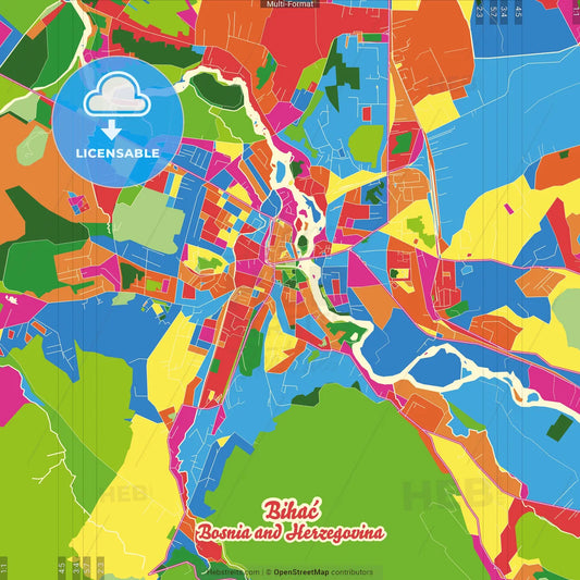 Bihać, Una-Sana Canton, Bosnia and Herzegovina Crazy Colorful Street Map Poster Template