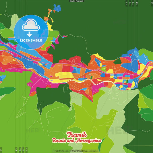Travnik, Central Bosnia Canton, Bosnia and Herzegovina Crazy Colorful Street Map Poster Template