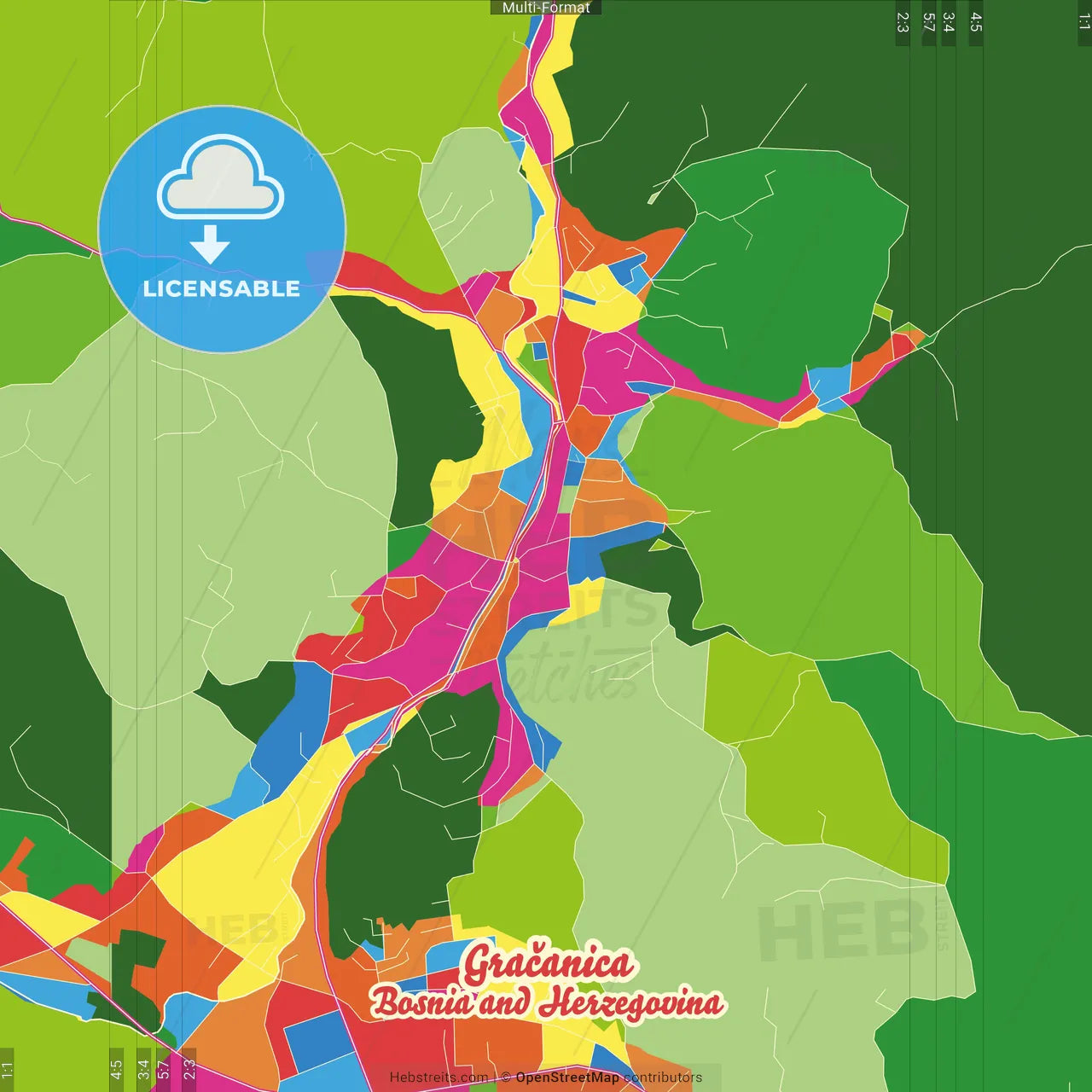 Gračanica, Tuzla Canton, Bosnia and Herzegovina Crazy Colorful Street Map Poster Template