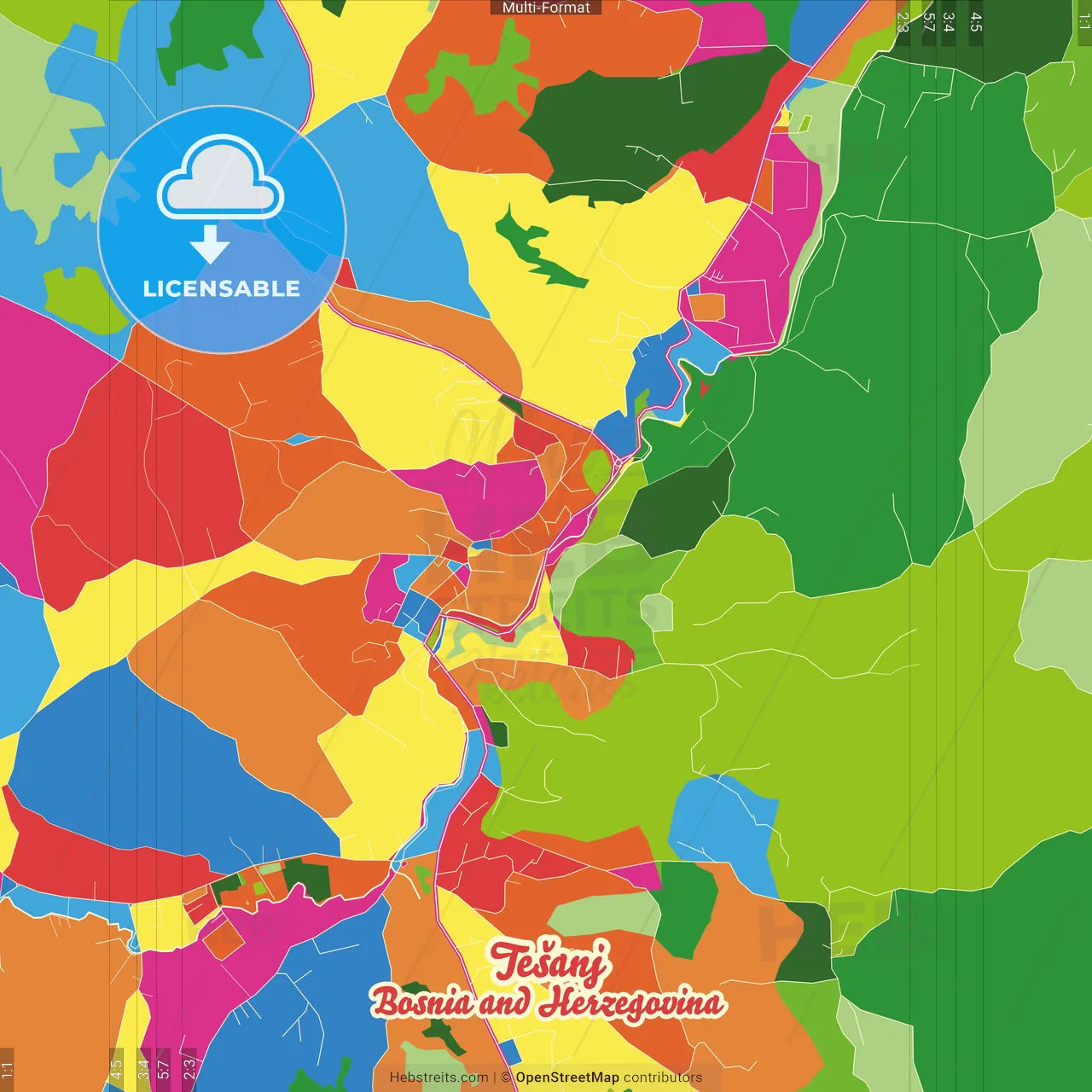 Tešanj, Zenica-Doboj Canton, Bosnia and Herzegovina Crazy Colorful Street Map Poster Template