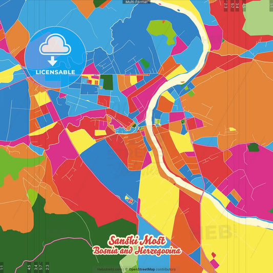 Sanski Most, Una-Sana Canton, Bosnia and Herzegovina Crazy Colorful Street Map Poster Template
