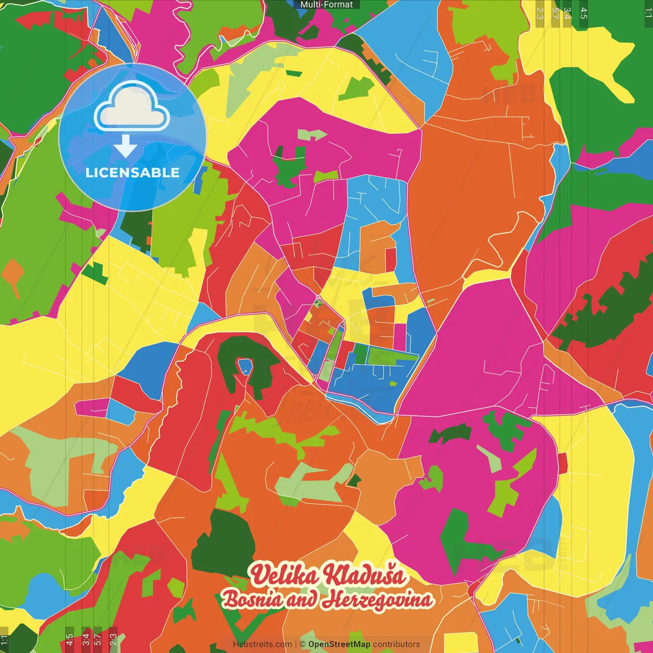 Velika Kladuša, Una-Sana Canton, Bosnia and Herzegovina Crazy Colorful Street Map Poster Template