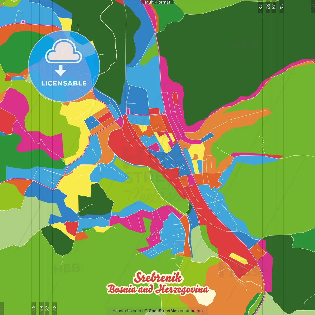 Srebrenik, Tuzla Canton, Bosnia and Herzegovina Crazy Colorful Street Map Poster Template