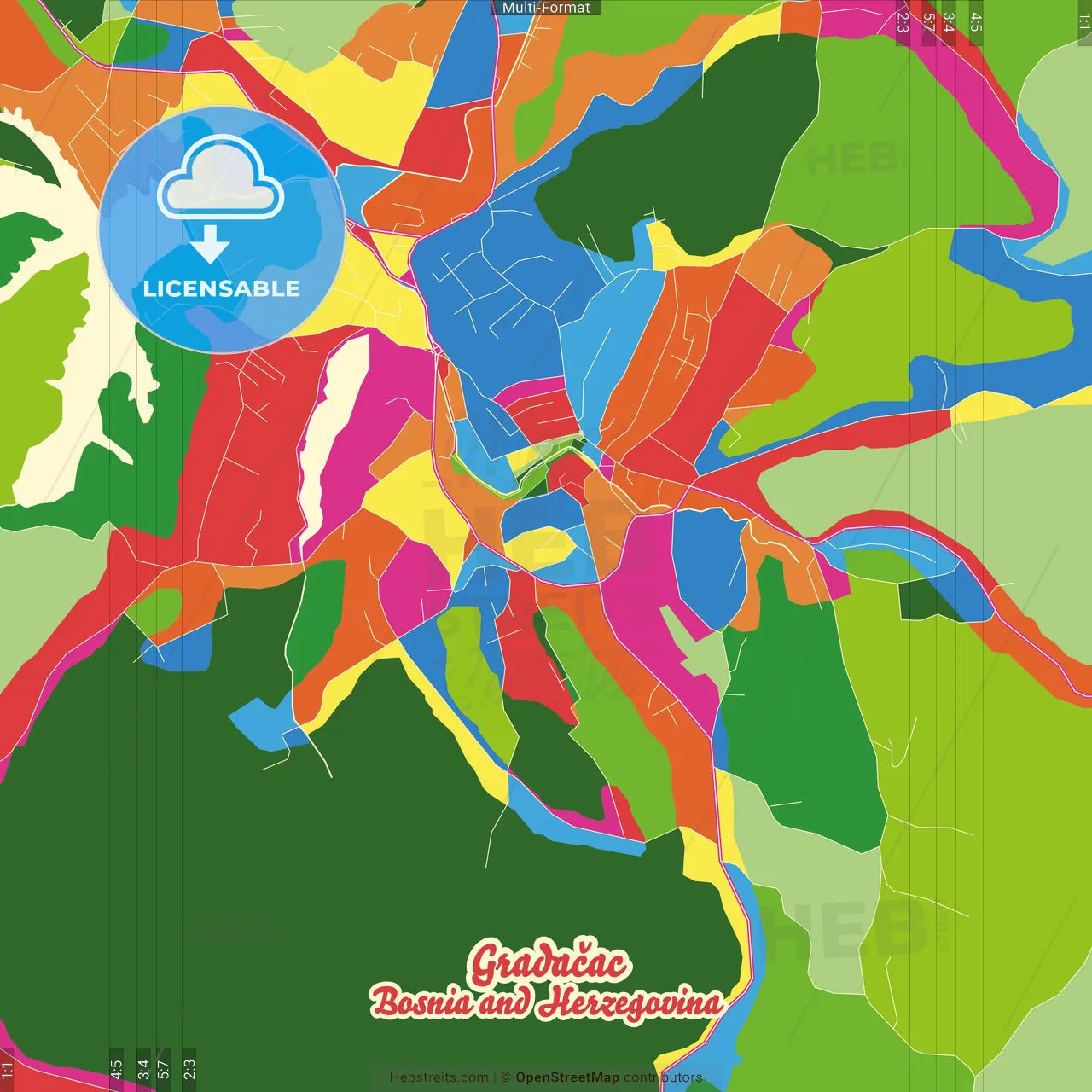 Gradačac, Tuzla Canton, Bosnia and Herzegovina Crazy Colorful Street Map Poster Template