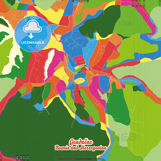 Gradačac, Tuzla Canton, Bosnia and Herzegovina Crazy Colorful Street Map Poster Template