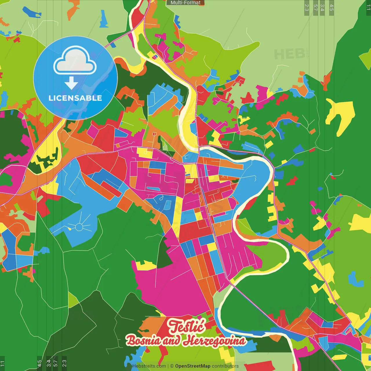 Teslić, Republika Srpska, Bosnia and Herzegovina Crazy Colorful Street Map Poster Template