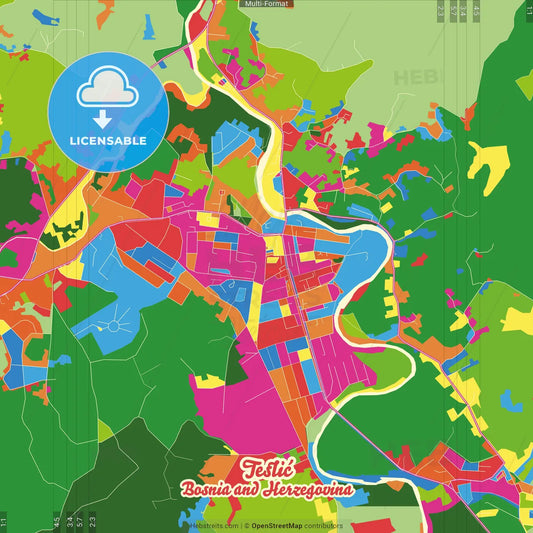 Teslić, Republika Srpska, Bosnia and Herzegovina Crazy Colorful Street Map Poster Template