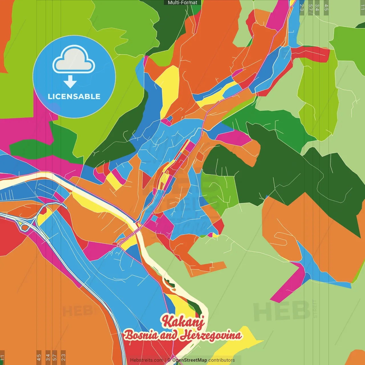Kakanj, Zenica-Doboj Canton, Bosnia and Herzegovina Crazy Colorful Street Map Poster Template