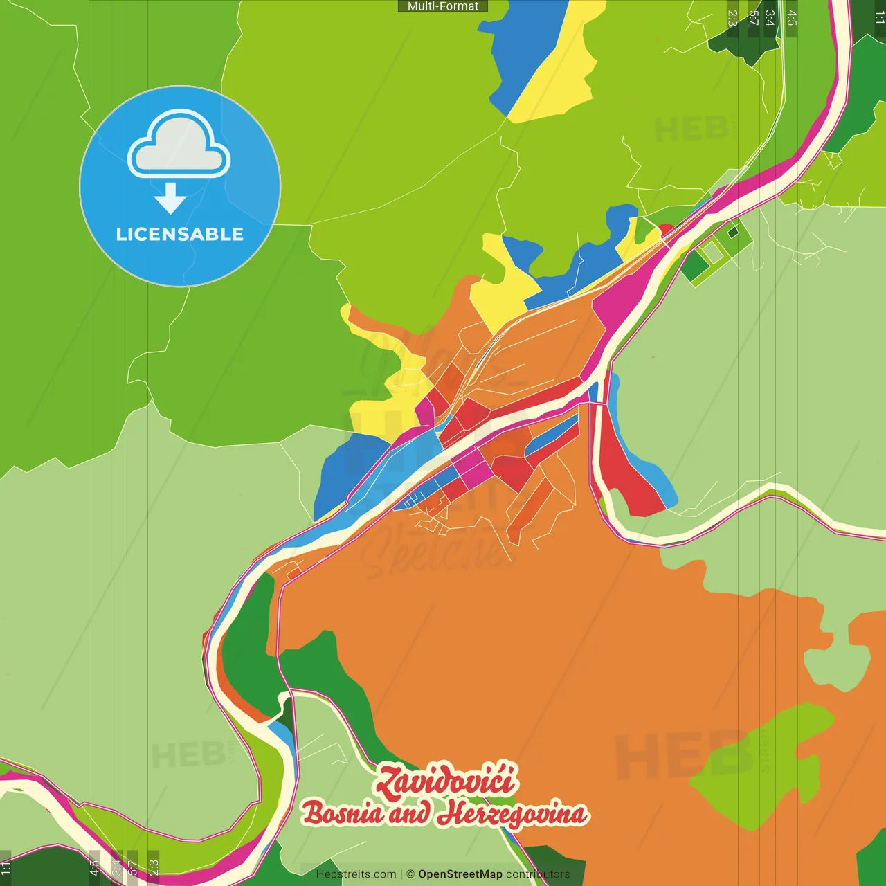 Zavidovići, Zenica-Doboj Canton, Bosnia and Herzegovina Crazy Colorful Street Map Poster Template