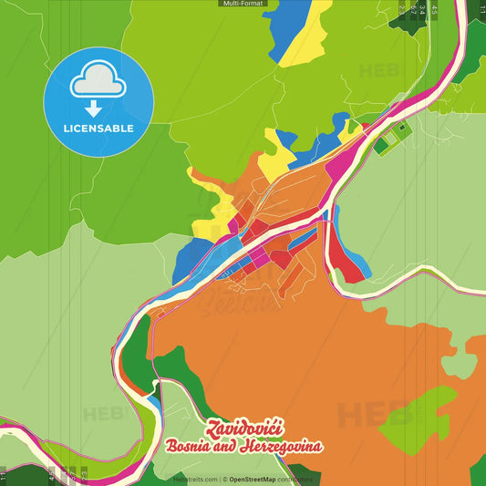 Zavidovići, Zenica-Doboj Canton, Bosnia and Herzegovina Crazy Colorful Street Map Poster Template