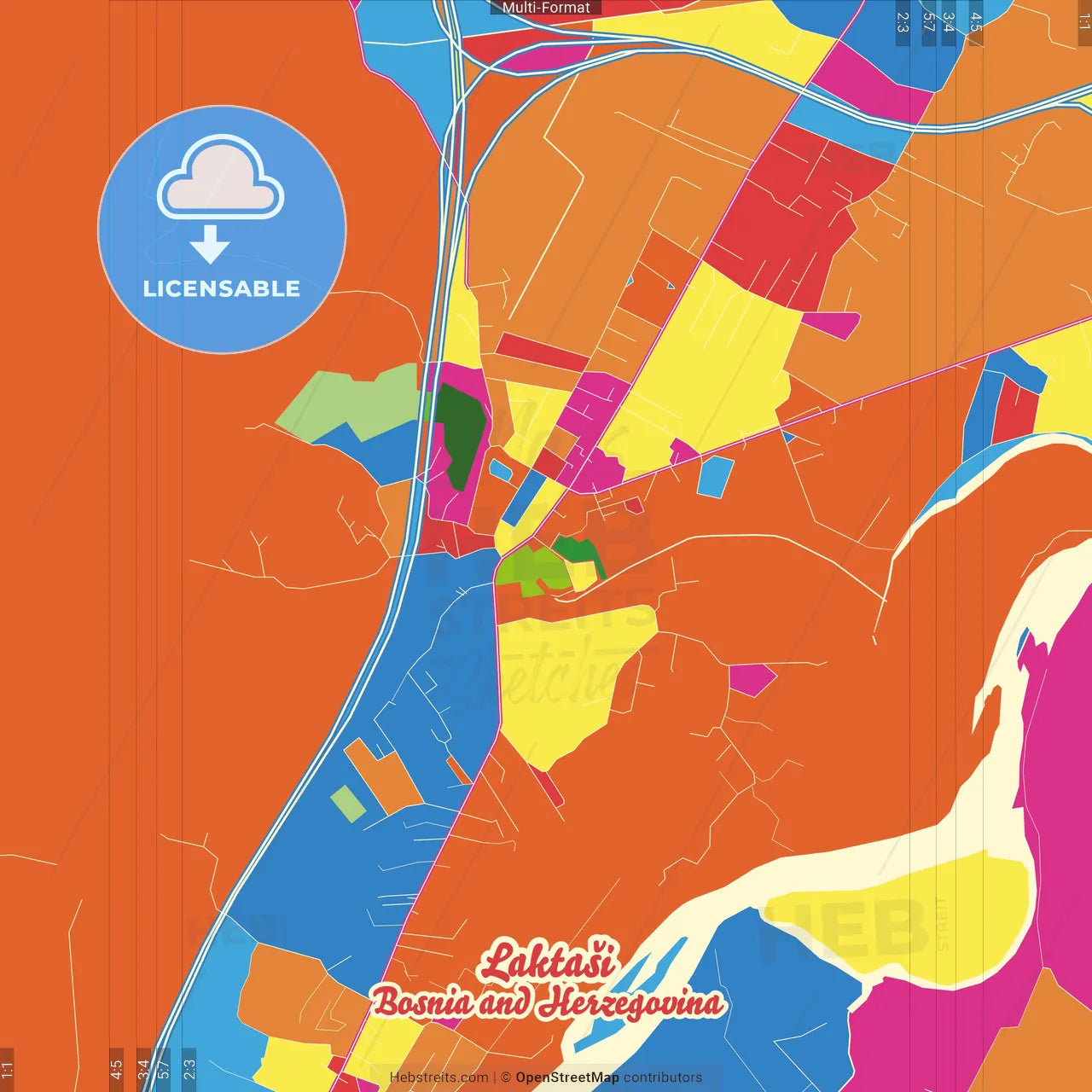 Laktaši, Republika Srpska, Bosnia and Herzegovina Crazy Colorful Street Map Poster Template