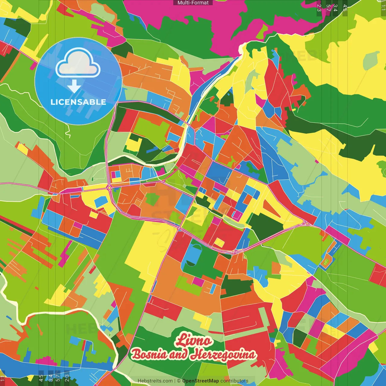 Livno, Canton 10, Bosnia and Herzegovina Crazy Colorful Street Map Poster Template