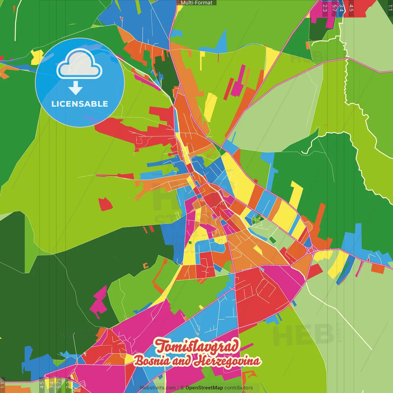 Tomislavgrad, Canton 10, Bosnia and Herzegovina Crazy Colorful Street Map Poster Template