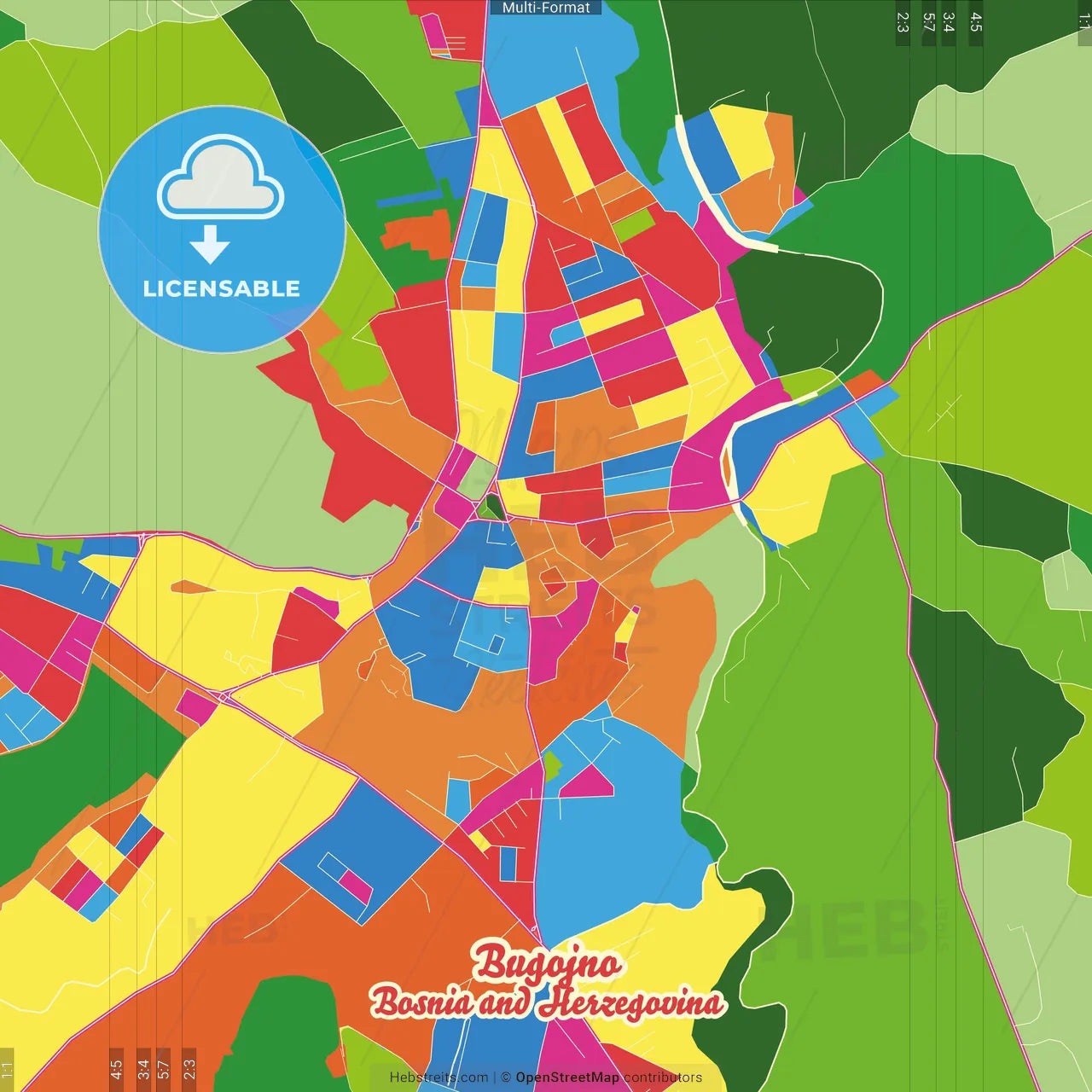 Bugojno, Central Bosnia Canton, Bosnia and Herzegovina Crazy Colorful Street Map Poster Template