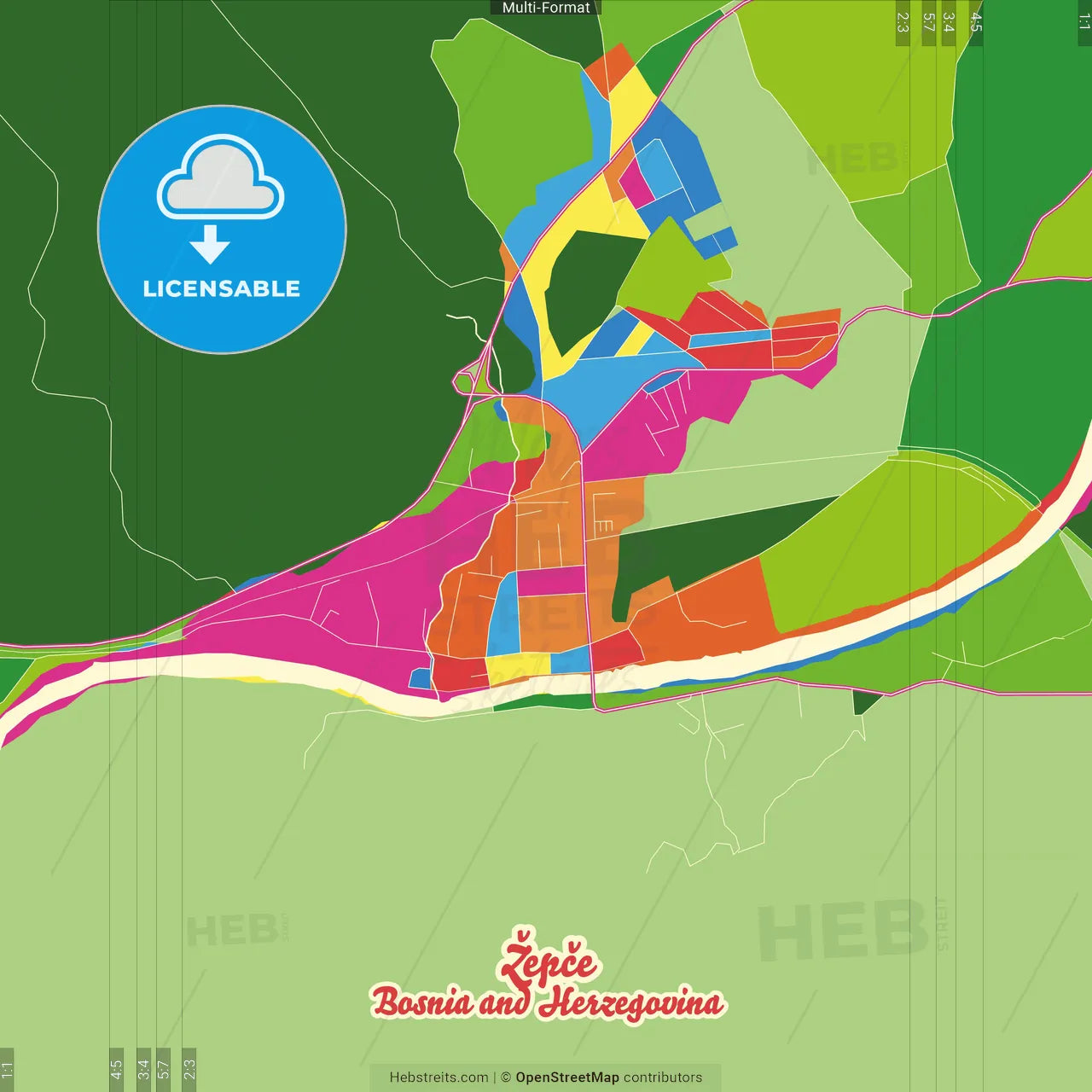 Žepče, Zenica-Doboj Canton, Bosnia and Herzegovina Crazy Colorful Street Map Poster Template