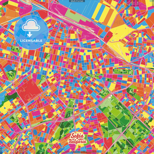 Sofia, Sofia Central Province, Bulgaria Crazy Colorful Street Map Poster Template