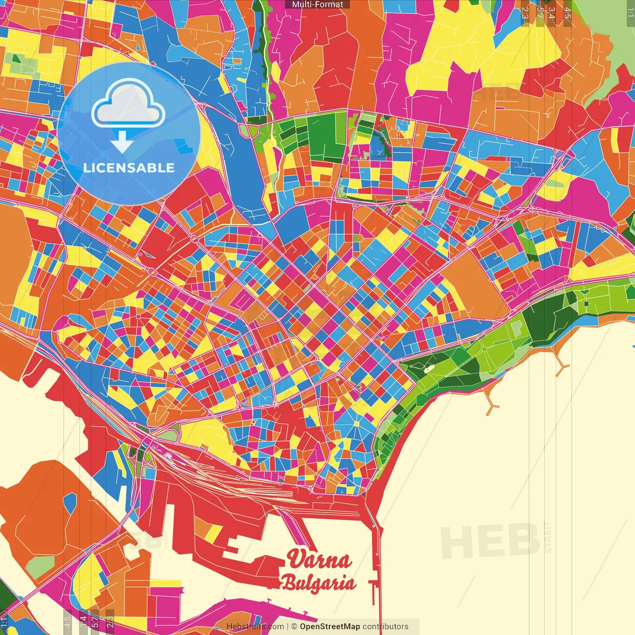 Varna, Varna Province, Bulgaria Crazy Colorful Street Map Poster Template