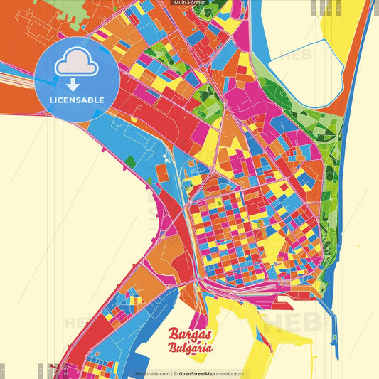 Burgas, Burgas Province, Bulgaria Crazy Colorful Street Map Poster Template