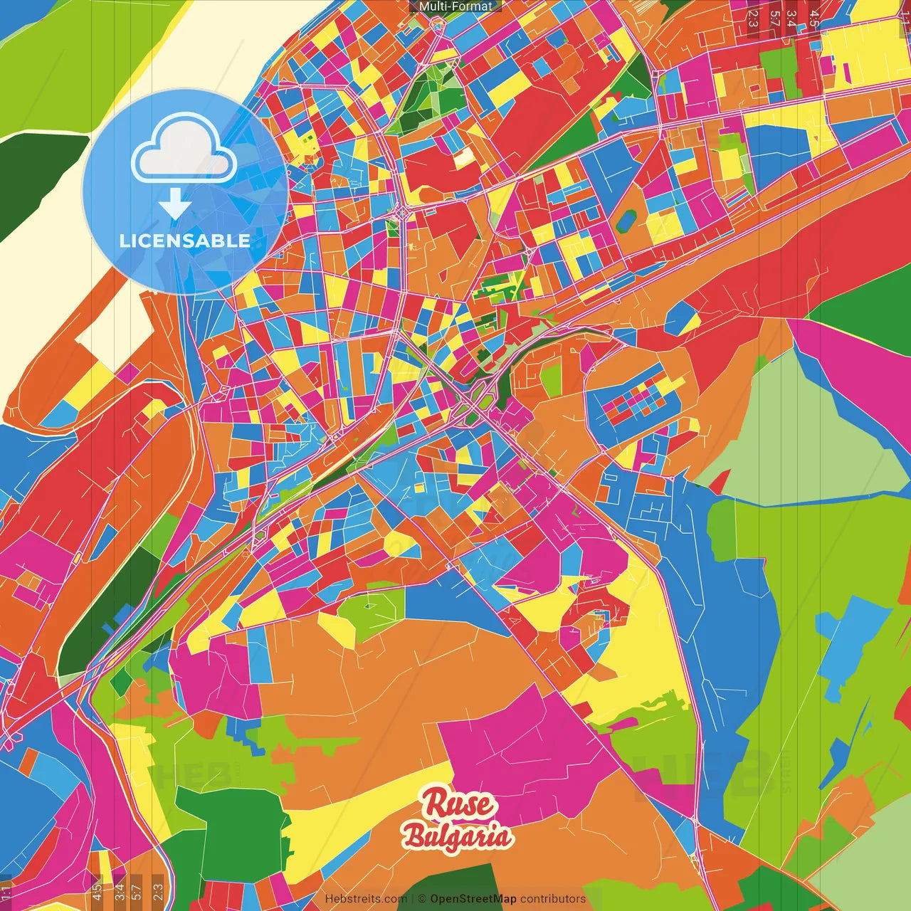 Ruse, Ruse Province, Bulgaria Crazy Colorful Street Map Poster Template