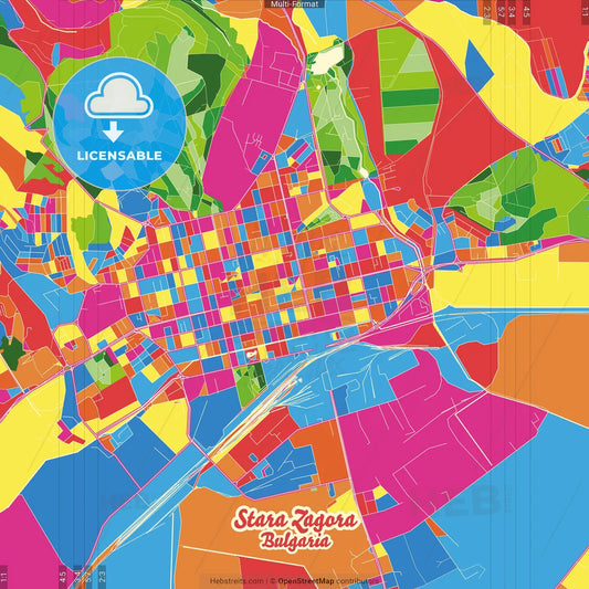 Stara Zagora, Stara Zagora Province, Bulgaria Crazy Colorful Street Map Poster Template