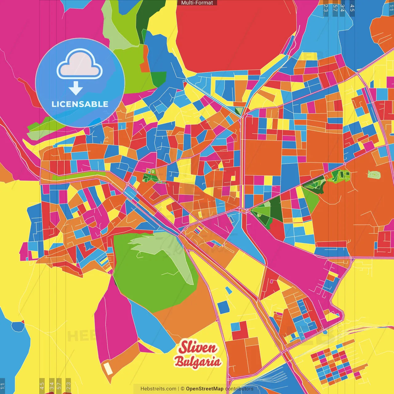 Sliven, Sliven Province, Bulgaria Crazy Colorful Street Map Poster Template