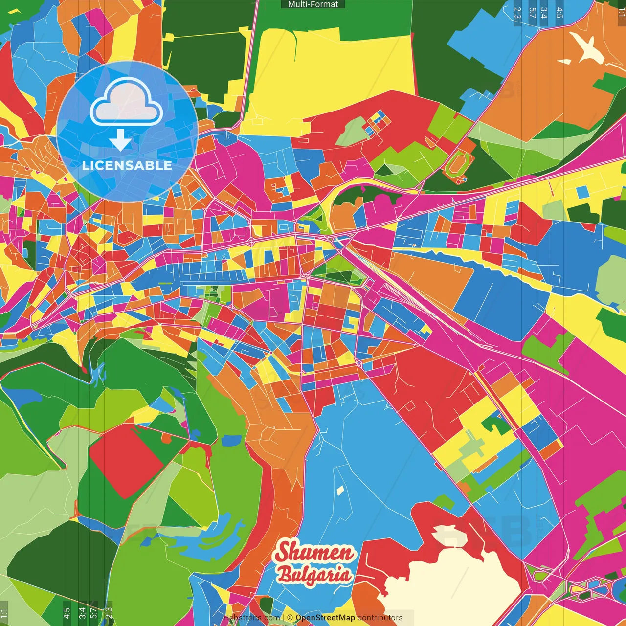 Shumen, Shumen Province, Bulgaria Crazy Colorful Street Map Poster Template