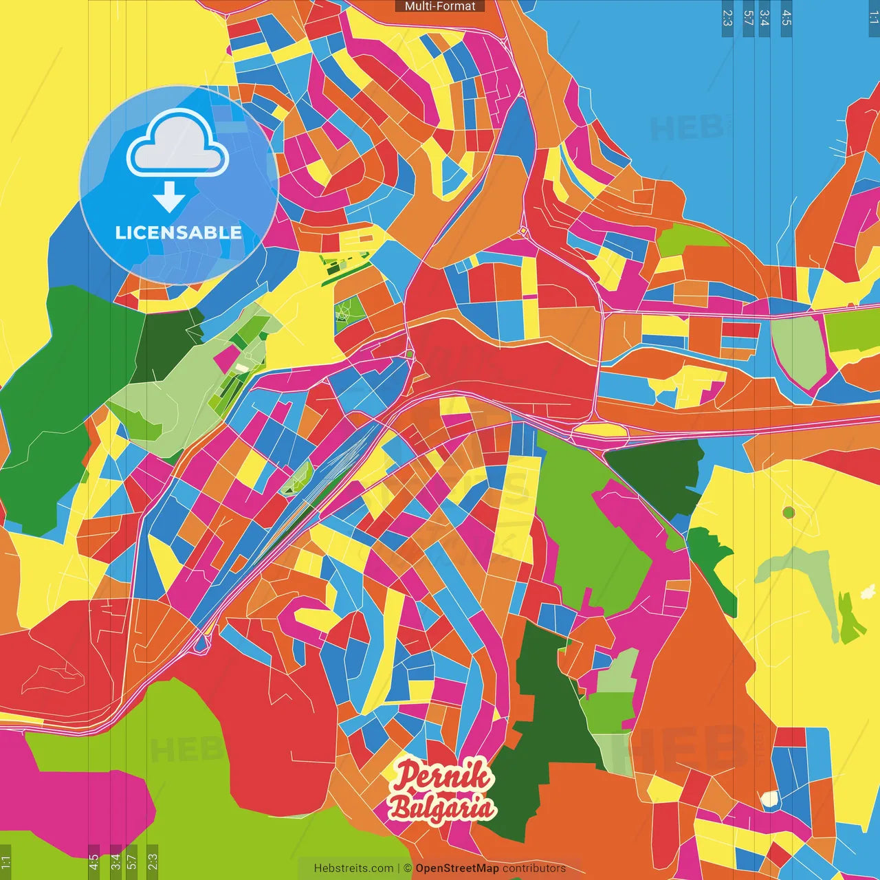 Pernik, Pernik Province, Bulgaria Crazy Colorful Street Map Poster Template