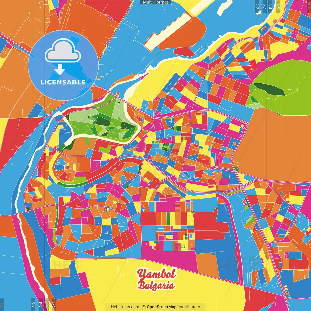 Yambol, Yambol Province, Bulgaria Crazy Colorful Street Map Poster Template