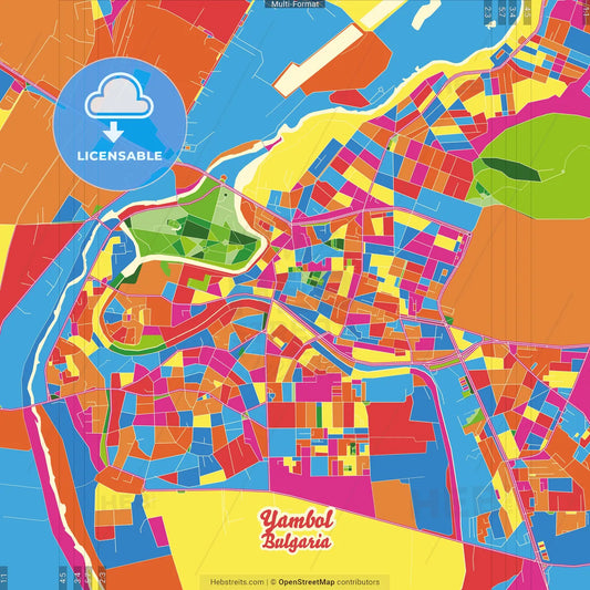 Yambol, Yambol Province, Bulgaria Crazy Colorful Street Map Poster Template