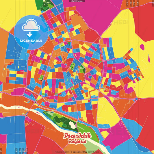 Pazardzhik, Pazardzhik Province, Bulgaria Crazy Colorful Street Map Poster Template