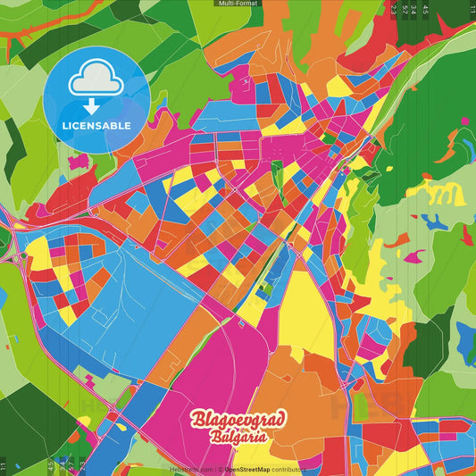 Blagoevgrad, Blagoevgrad Province, Bulgaria Crazy Colorful Street Map Poster Template