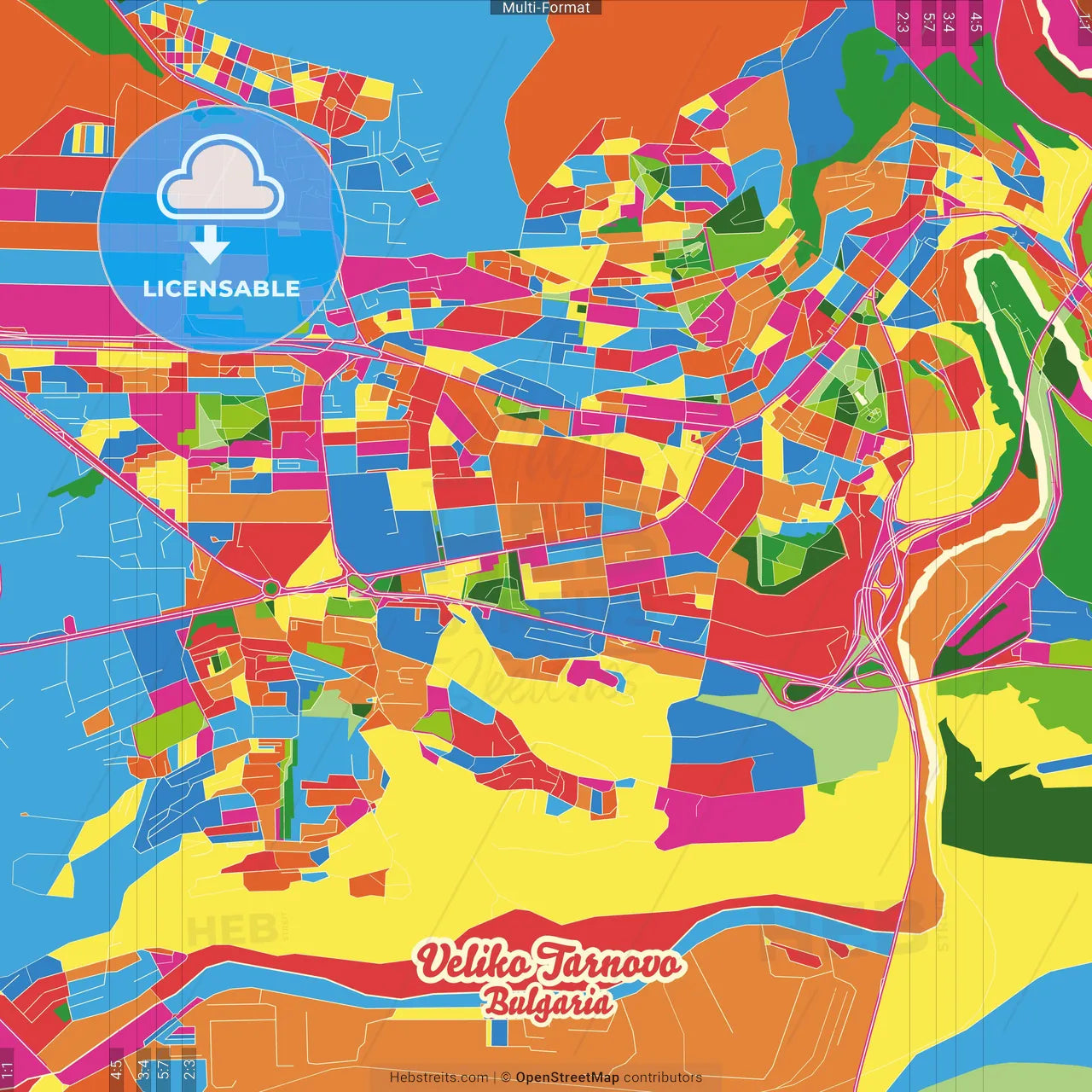 Veliko Tarnovo, Veliko Tarnovo Province, Bulgaria Crazy Colorful Street Map Poster Template