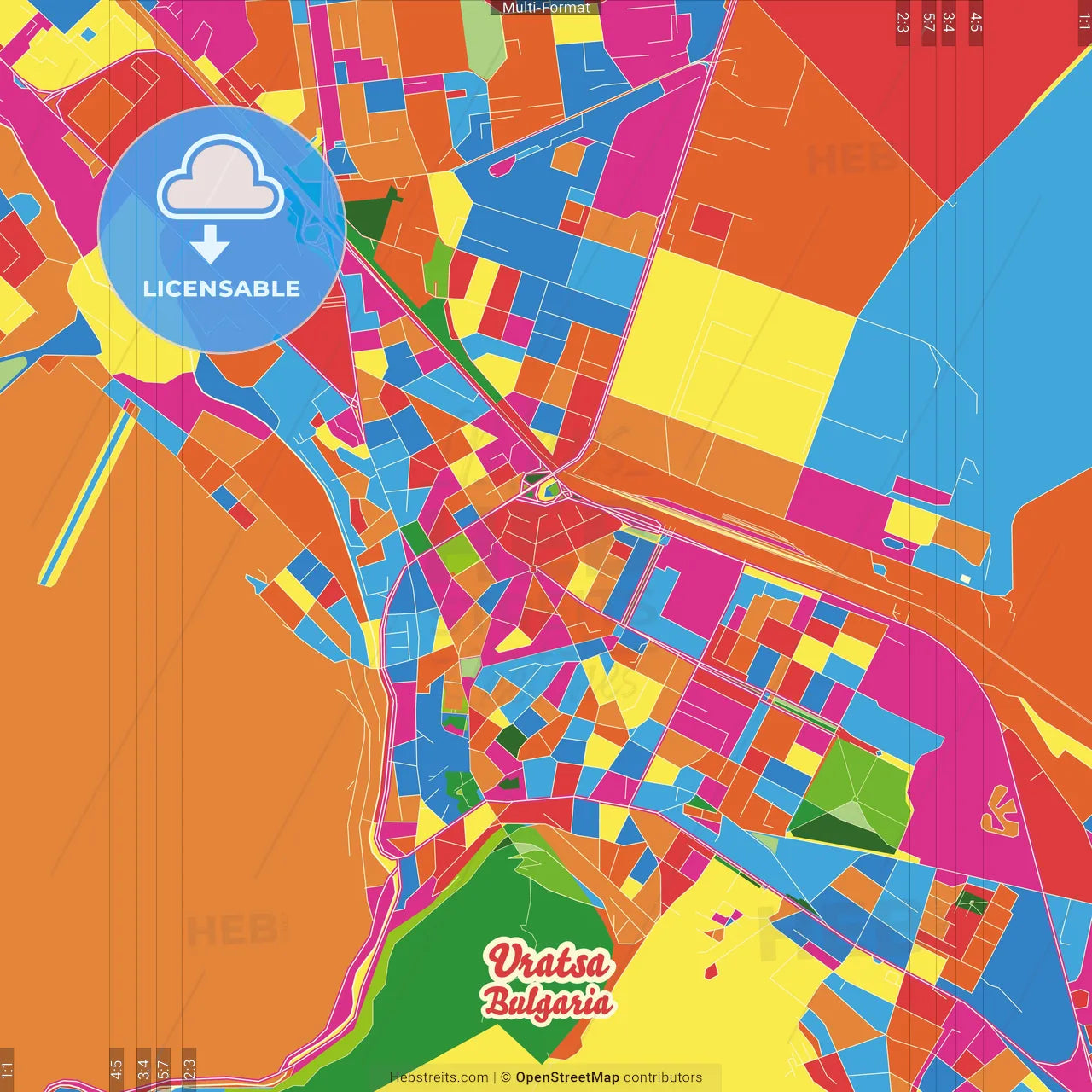 Vratsa, Vratsa Province, Bulgaria Crazy Colorful Street Map Poster Template