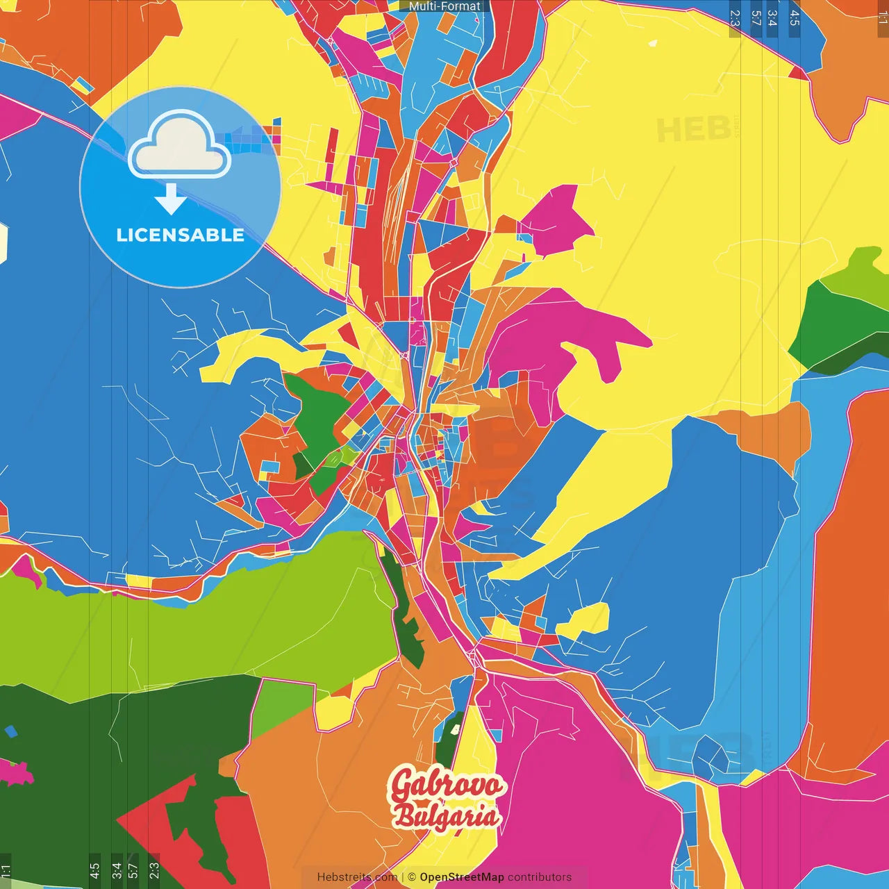 Gabrovo, Gabrovo Province, Bulgaria Crazy Colorful Street Map Poster Template