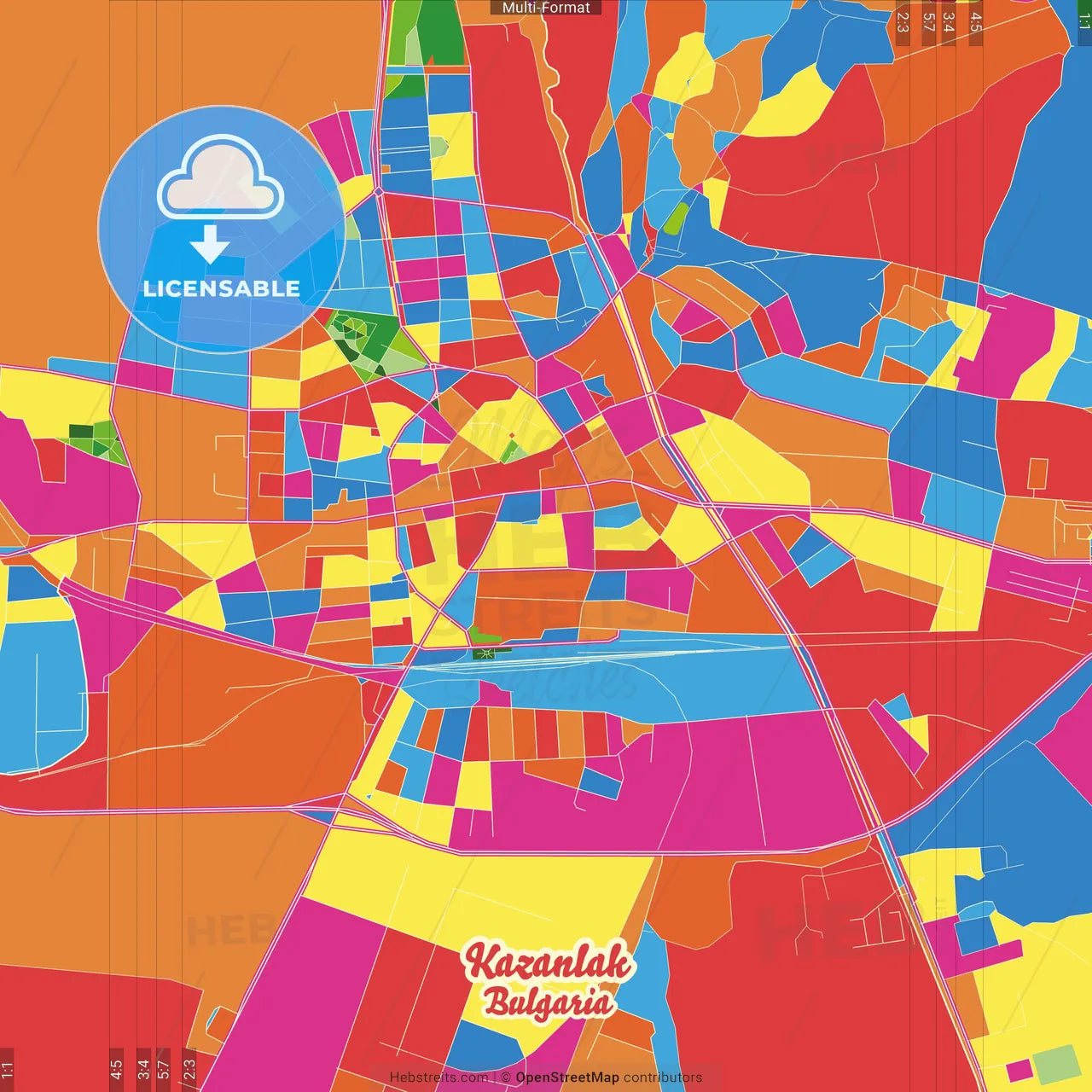 Kazanlak, Stara Zagora Province, Bulgaria Crazy Colorful Street Map Poster Template
