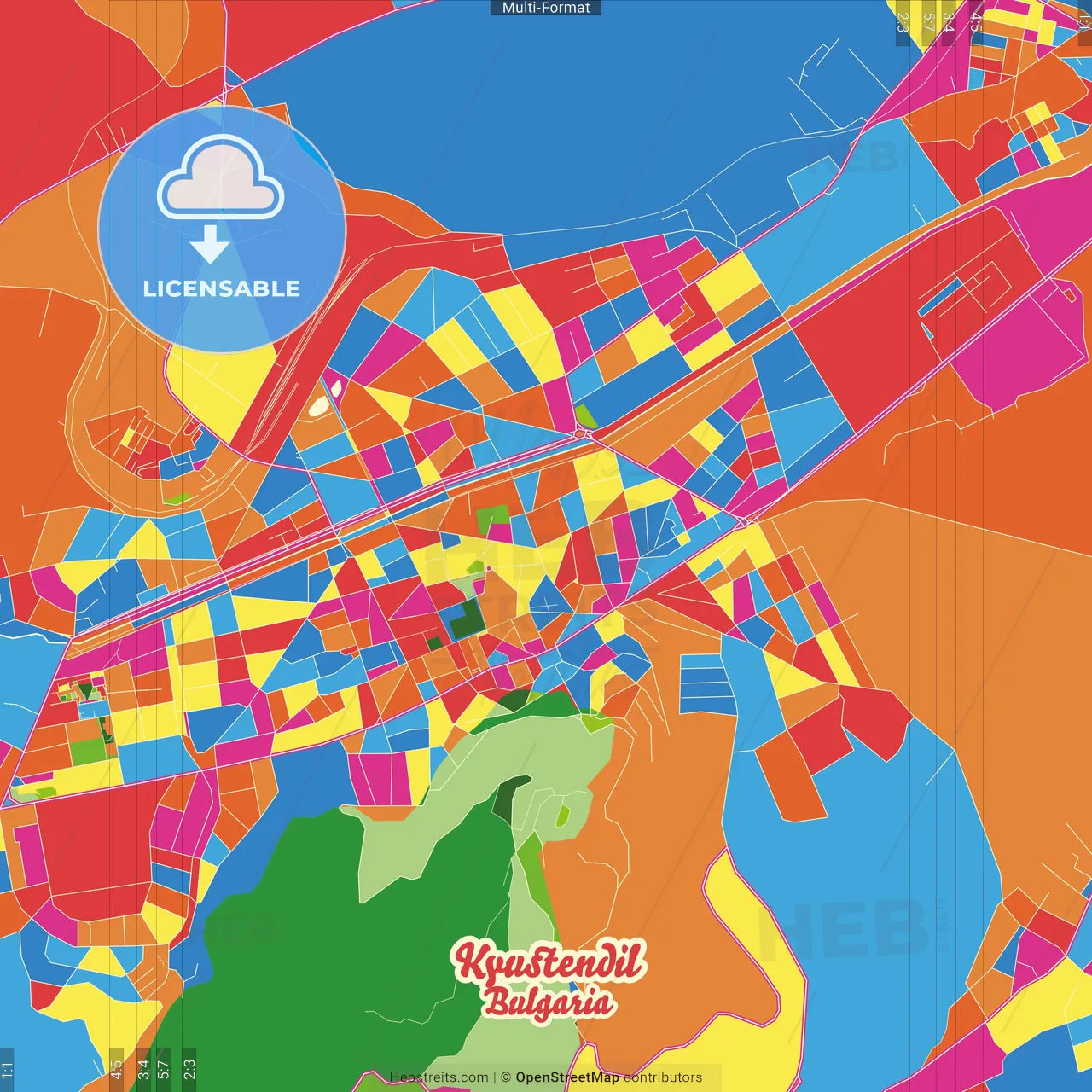 Kyustendil, Kyustendil Province, Bulgaria Crazy Colorful Street Map Poster Template