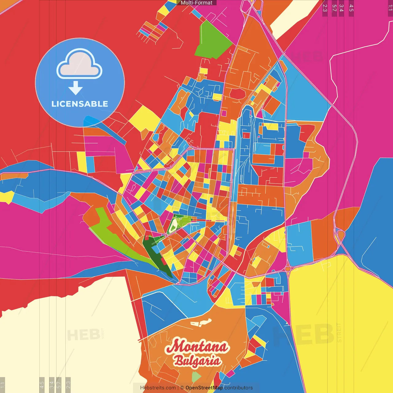 Montana, Montana Province, Bulgaria Crazy Colorful Street Map Poster Template